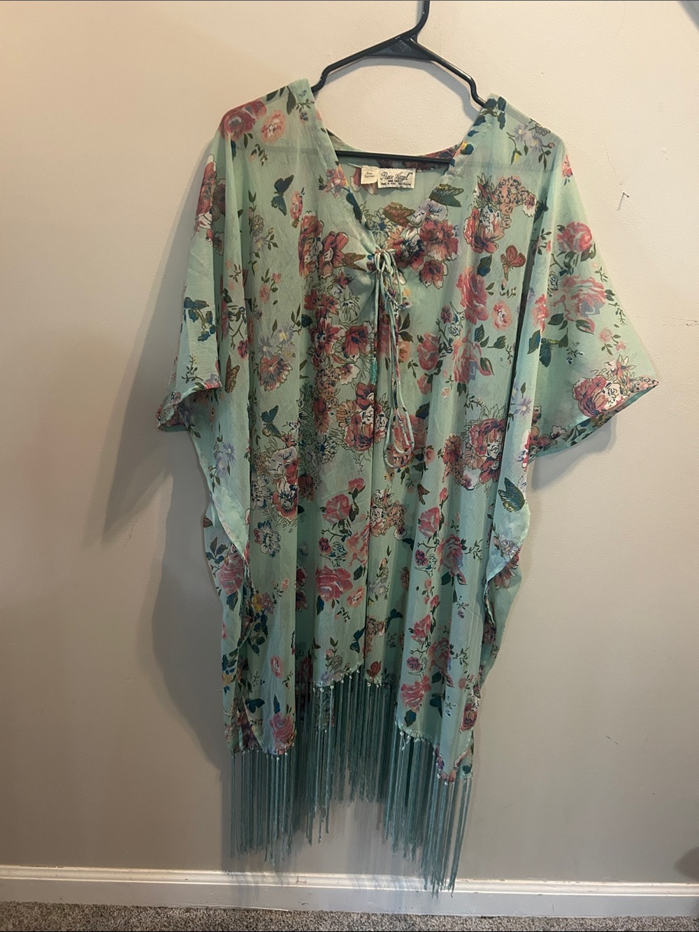 Floral Mint Green Fringe Swim Coverup with Tie Neck swimsuit coverup